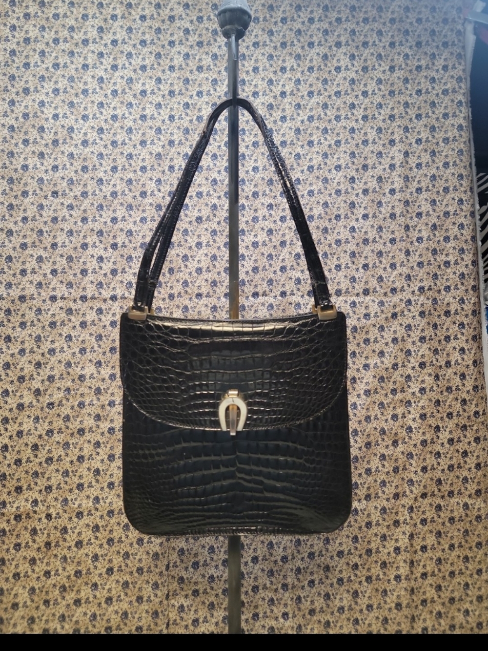 Vintage Harrods Made in France Black Crocodile Leather Shoulder Bag